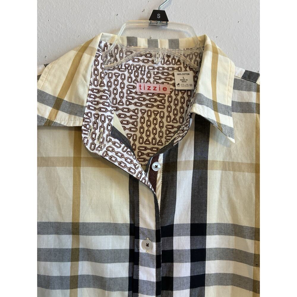 Tizzie Button Down Shirt Plaid Stripe Chains Flip Cuffs Preppy Modern Luxury L - Picture 4 of 14